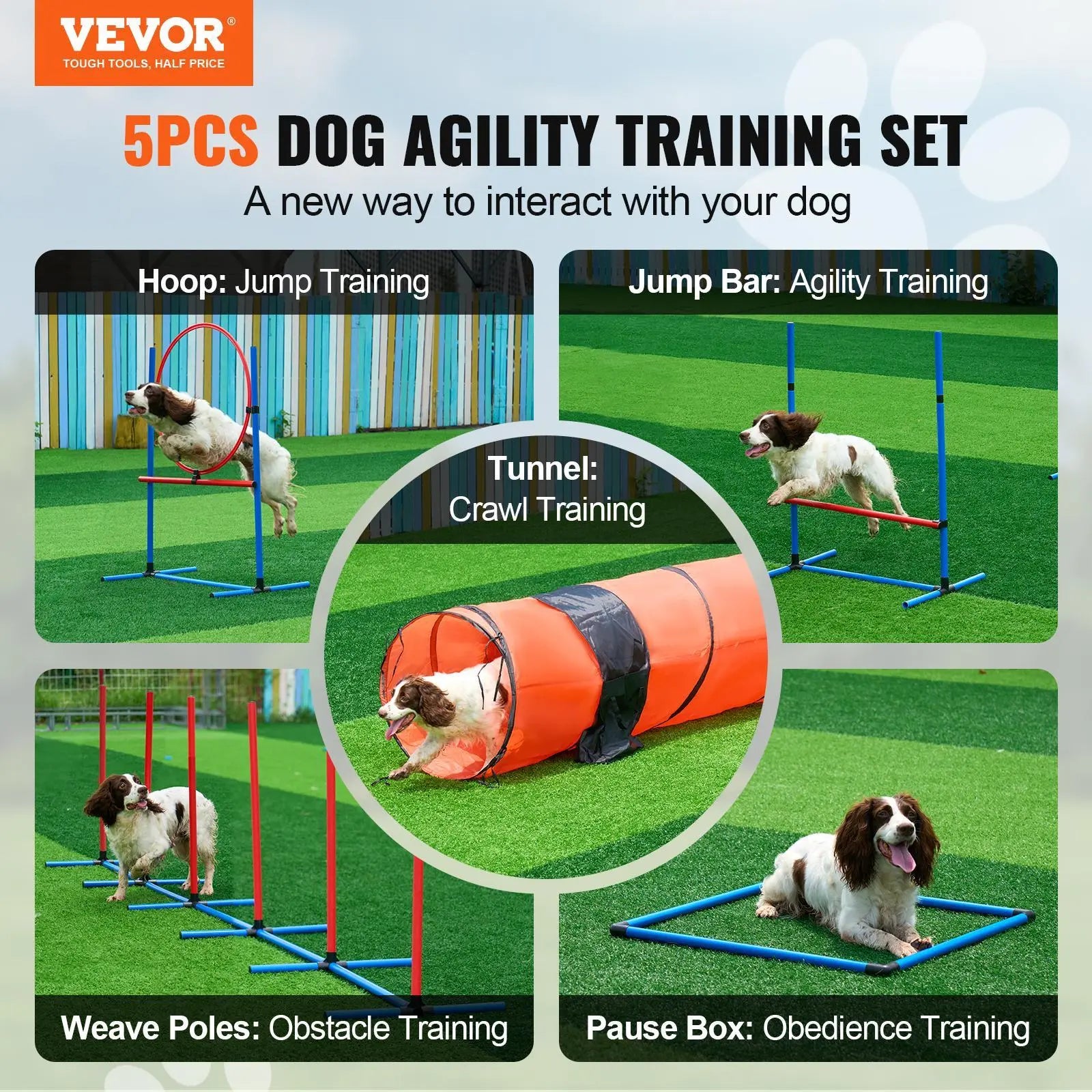 【Dealsforyoudays】Vevor Dog Agility Training Equipment, , 5 PCS Set Upgrade with Adjustable High Hurdles,6 Weave Poles,Extended Tunnel,Jump Ring,Pause Box,Whistle,Foldable Bowl,Puppy Obstacle Course Kit with Storage Bag