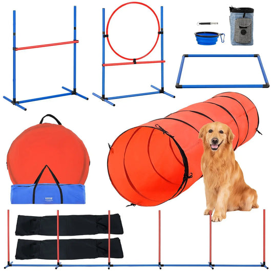 【Dealsforyoudays】Vevor Dog Agility Training Equipment, , 5 PCS Set Upgrade with Adjustable High Hurdles,6 Weave Poles,Extended Tunnel,Jump Ring,Pause Box,Whistle,Foldable Bowl,Puppy Obstacle Course Kit with Storage Bag
