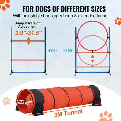 【Dealsforyoudays】Vevor Dog Agility Training Equipment, , 5 PCS Set Upgrade with Adjustable High Hurdles,6 Weave Poles,Extended Tunnel,Jump Ring,Pause Box,Whistle,Foldable Bowl,Puppy Obstacle Course Kit with Storage Bag