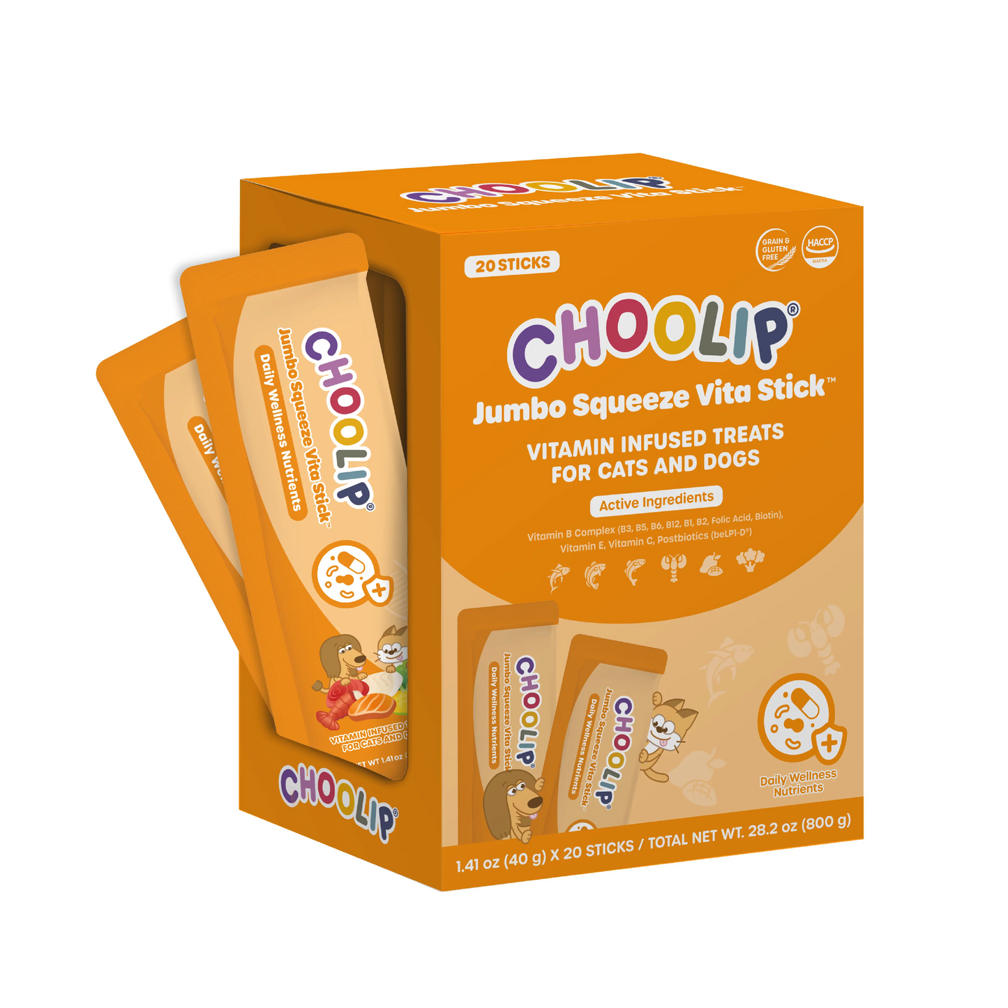 Choolip Jumbo Squeeze Vita Stick Lickable Multivitamin for Dogs & Cats – All-In-One Gut, Immunity & Energy Support (20 Squeeze Sticks)