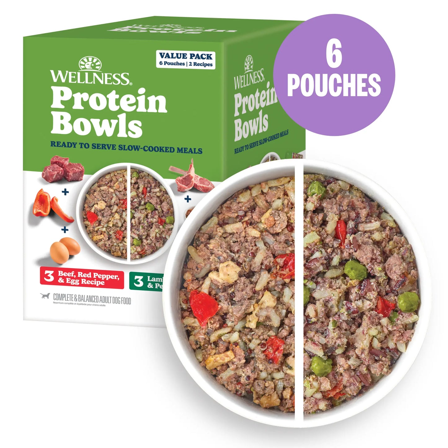Wellness Protein Bowls, Adult Fresh Alternative Dog Food, Wholesome Grains, 6.2 Ounce Pouch, 6 Pack, (Beef & Lamb Value Pack)