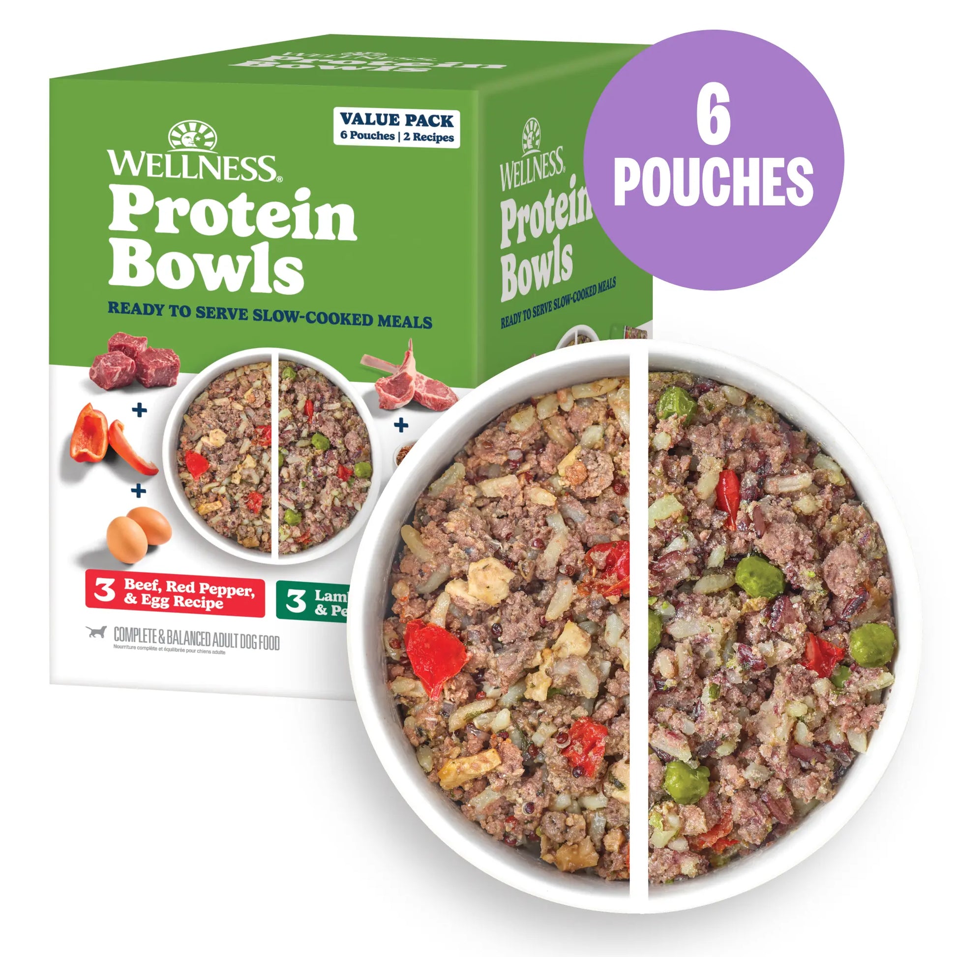 Wellness Protein Bowls, Adult Fresh Alternative Dog Food, Wholesome Grains, 6.2 Ounce Pouch, 6 Pack, (Beef & Lamb Value Pack)