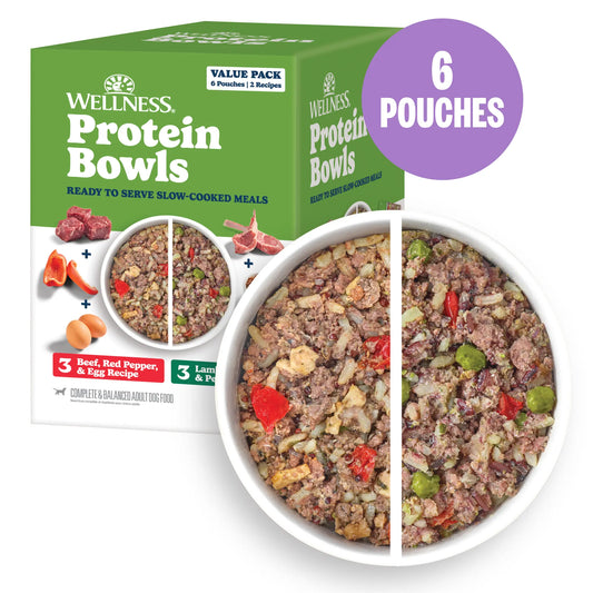 Wellness Protein Bowls, Adult Fresh Alternative Dog Food, Wholesome Grains, 6.2 Ounce Pouch, 6 Pack, (Beef & Lamb Value Pack)