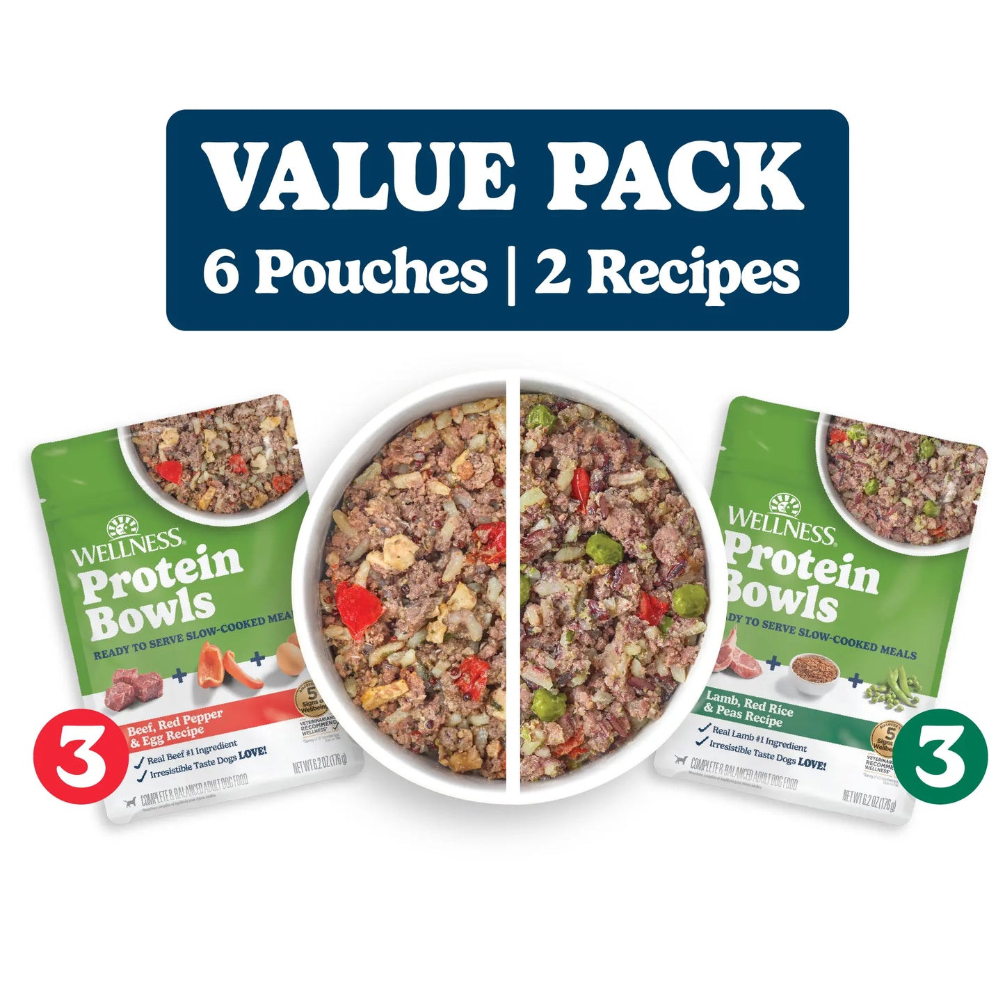 Wellness Protein Bowls, Adult Fresh Alternative Dog Food, Wholesome Grains, 6.2 Ounce Pouch, 6 Pack, (Beef & Lamb Value Pack)