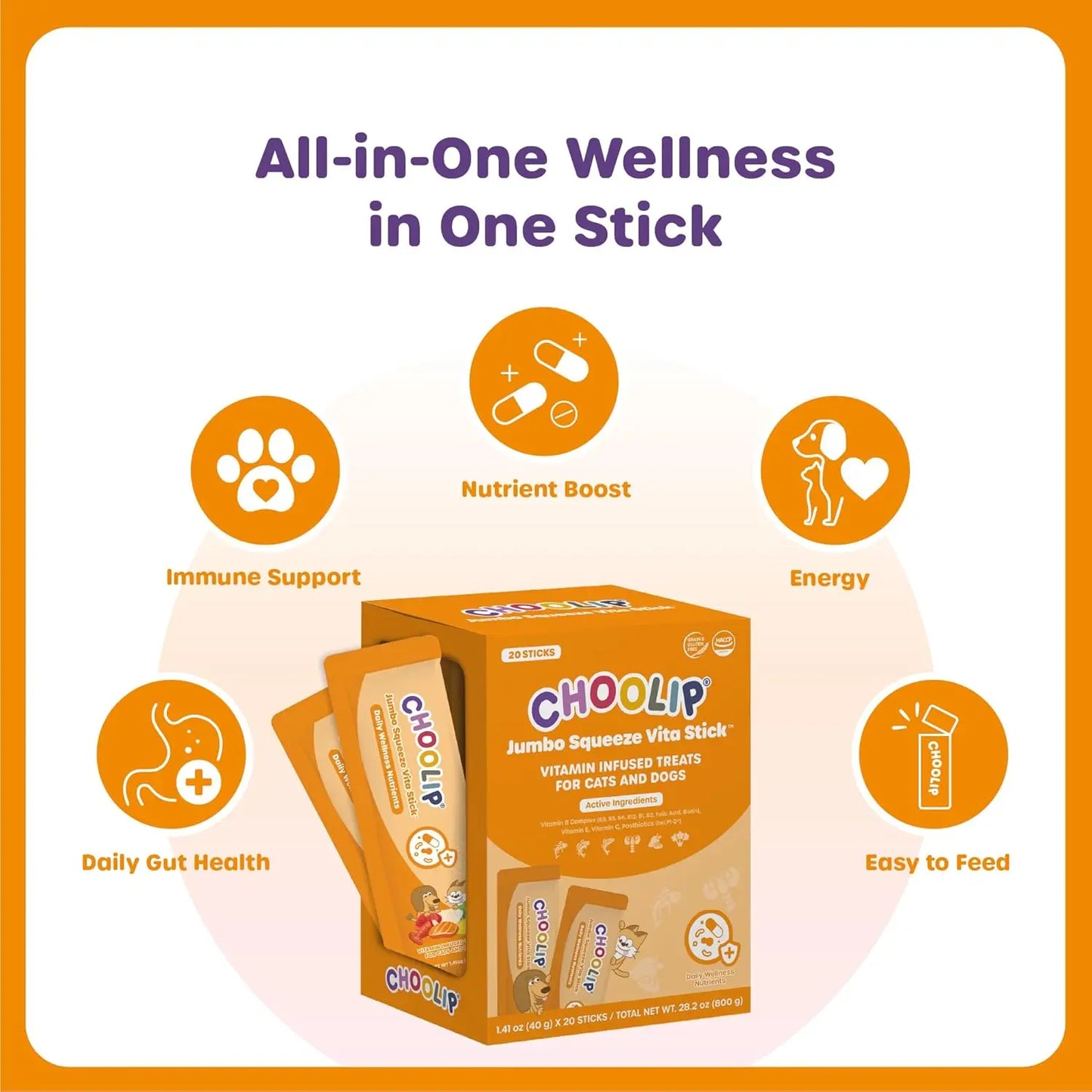 Choolip Jumbo Squeeze Vita Stick Lickable Multivitamin for Dogs & Cats – All-In-One Gut, Immunity & Energy Support (20 Squeeze Sticks)